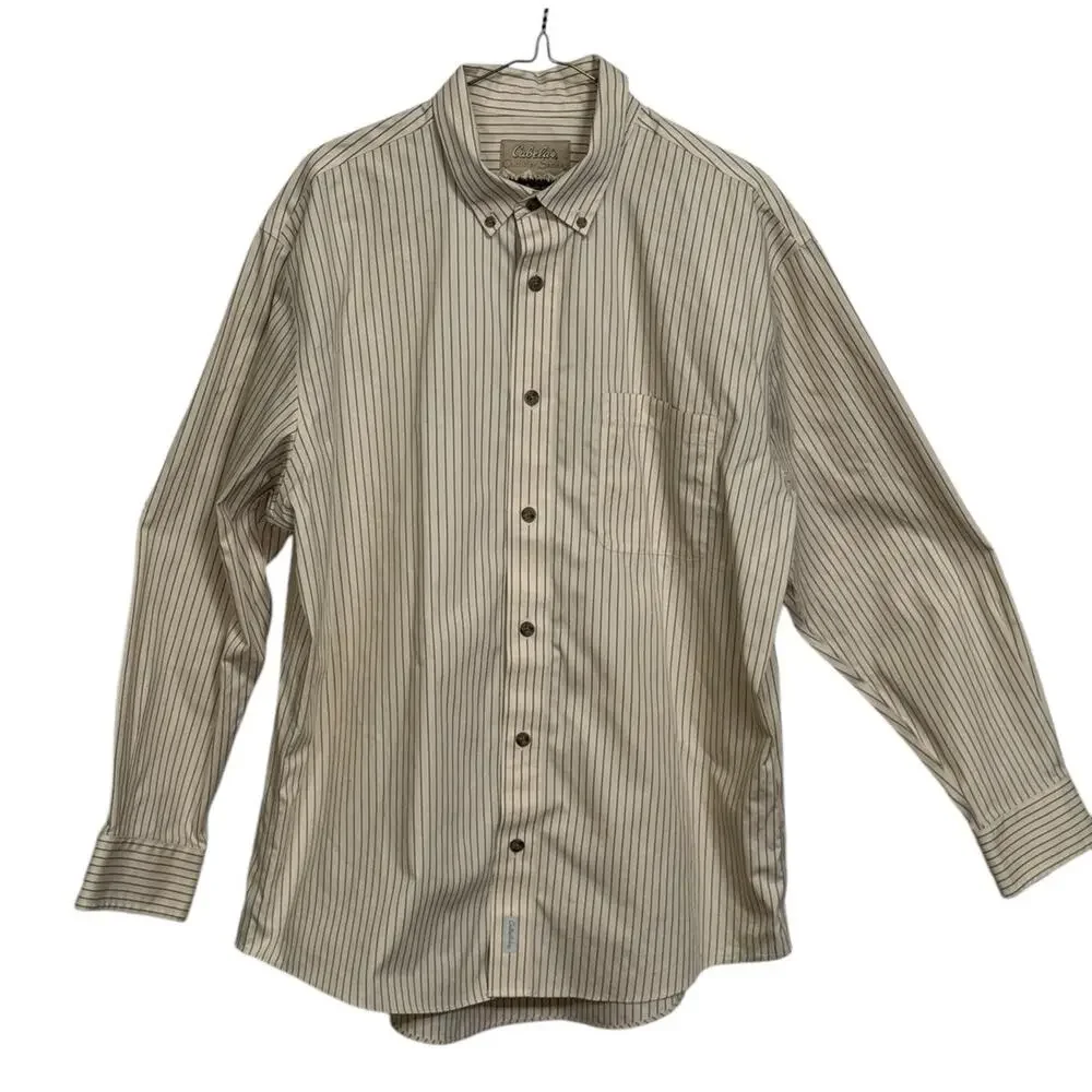 Cabelas Outfitter Series‎ Long Sleeve Shirt Mens Large Beige Button Down Striped
